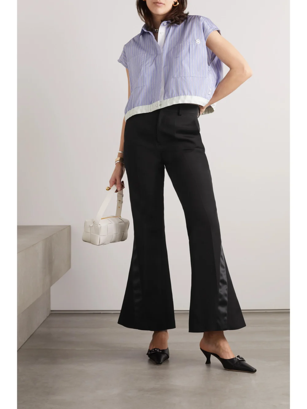 Sacai Satin-trimmed Silk and Cotton-blend Flared Pants, worn by a model