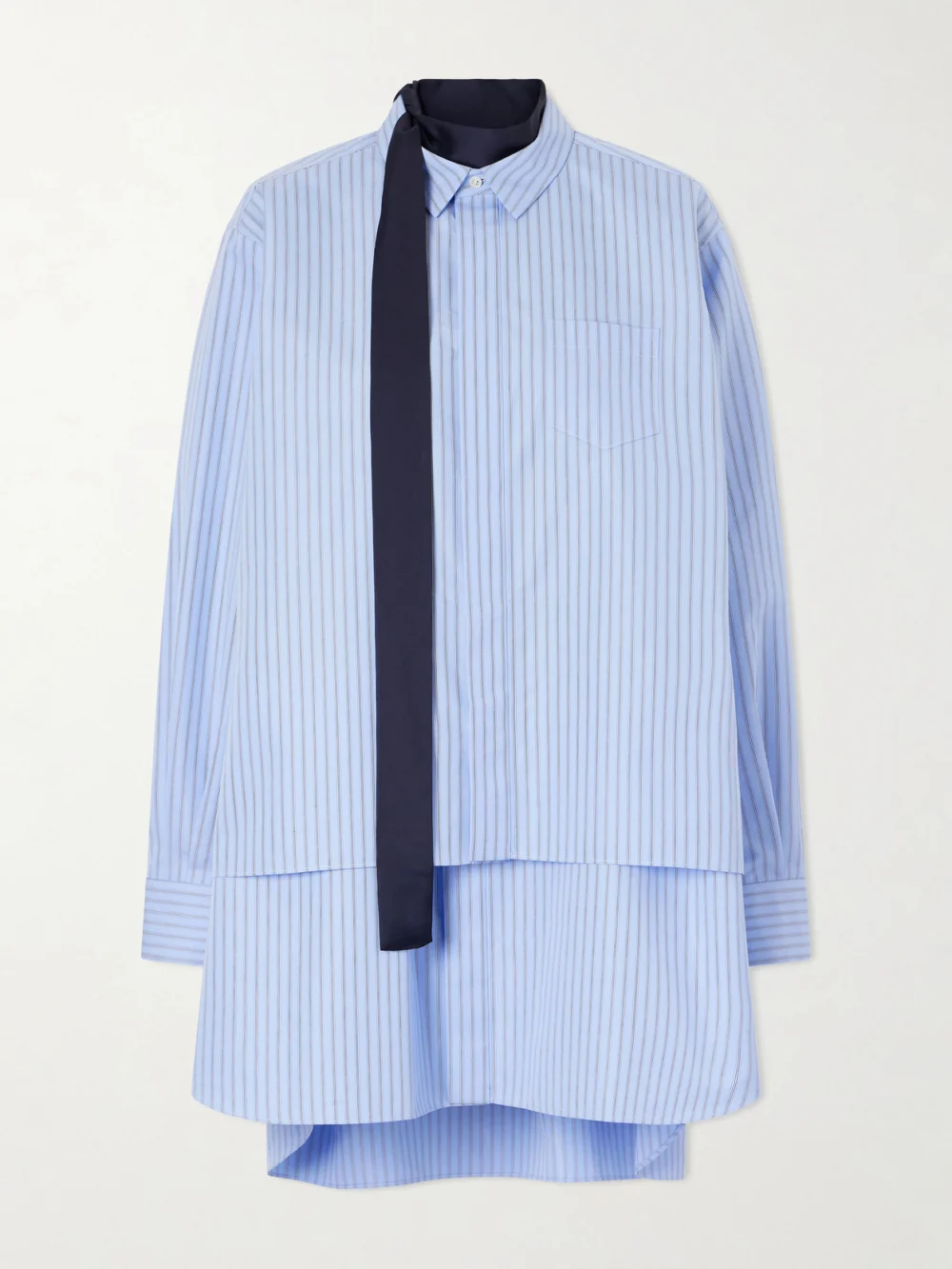 Sacai Scarf-detailed Striped Cotton-blend Poplin Mini Dress in blue