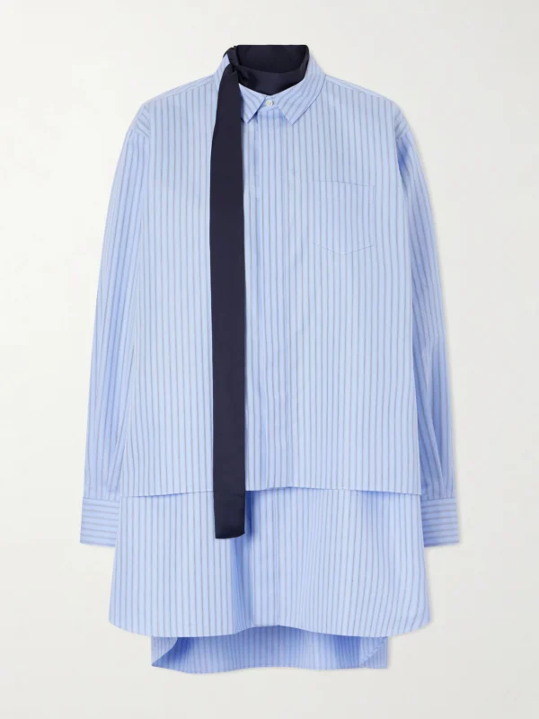 Sacai Scarf-detailed Striped Cotton-blend Poplin Mini Dress