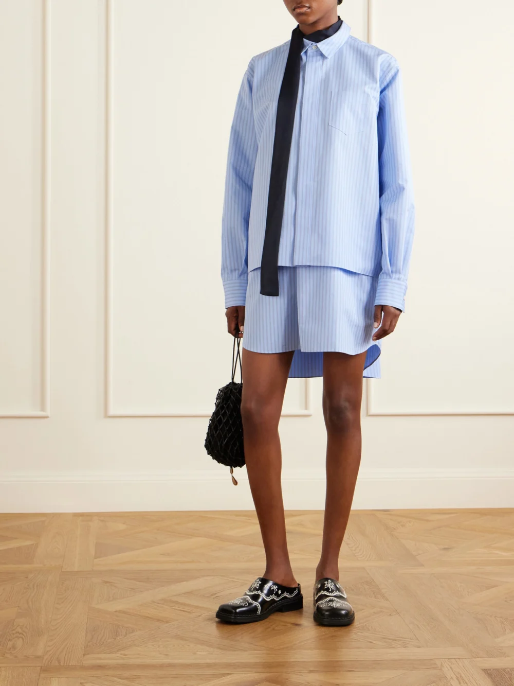 Sacai Scarf-detailed Striped Cotton-blend Poplin Mini Dress, worn by a model