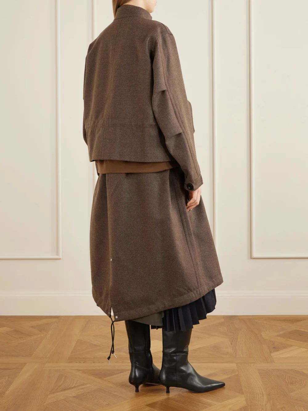 Back view of the Sacai Shell-trimmed Wool-flannel Coat