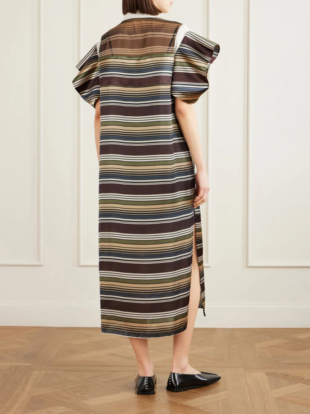 Back view of the Sacai Striped Organza and Satin Midi Dress