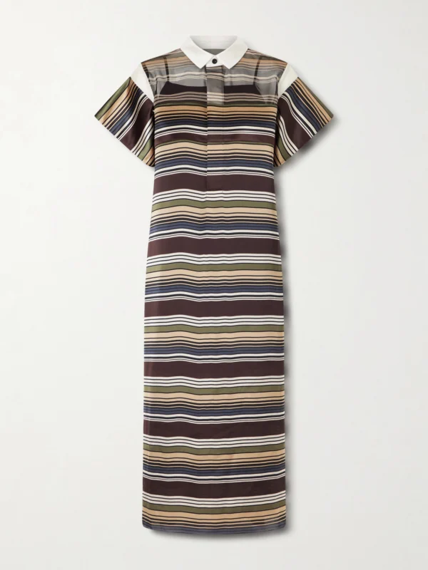 Sacai Striped Organza and Satin Midi Dress