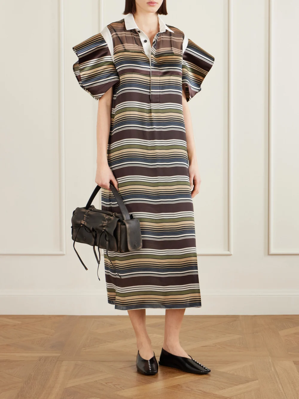 Sacai Striped Organza and Satin Midi Dress, worn by a model