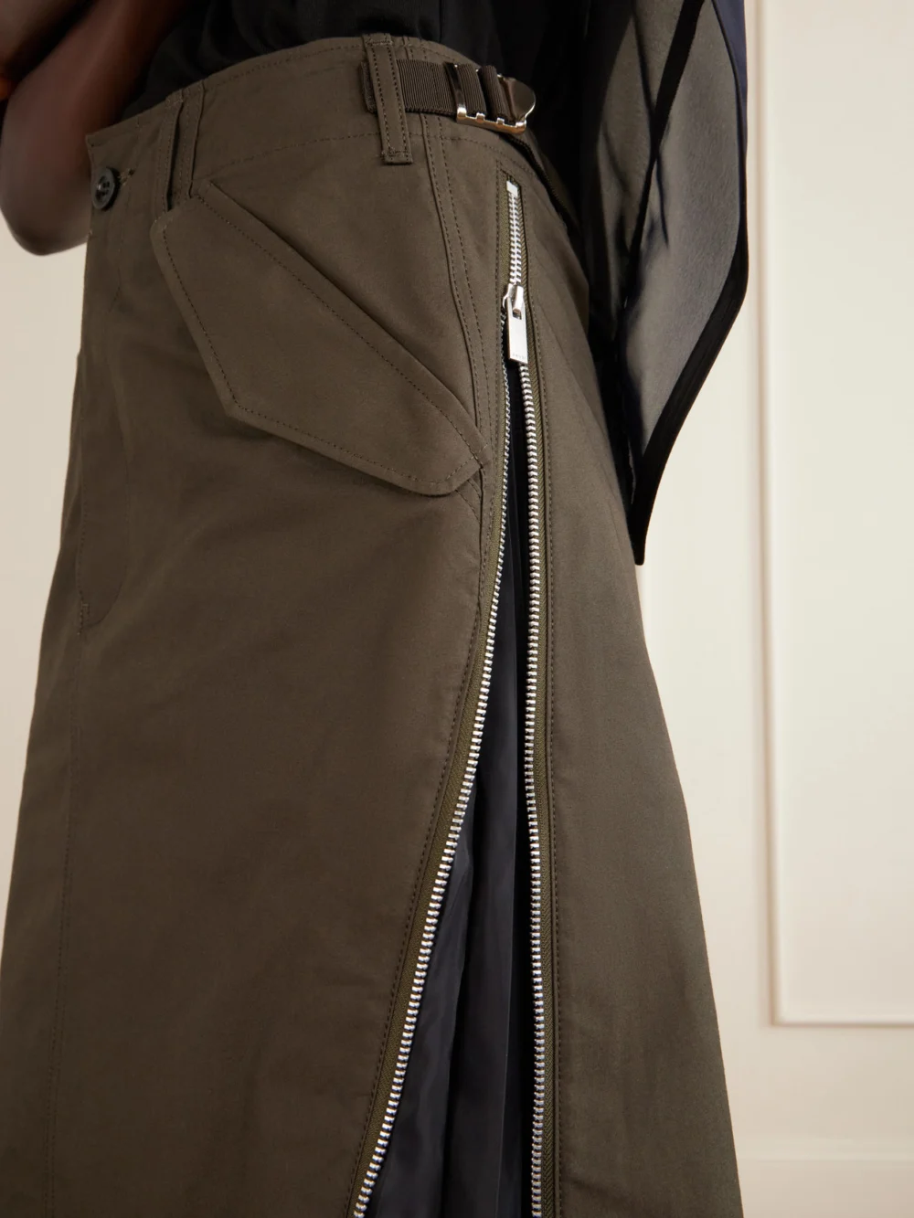 Close-up detail of the Sacai Weather Cotton-twill Midi Skirt