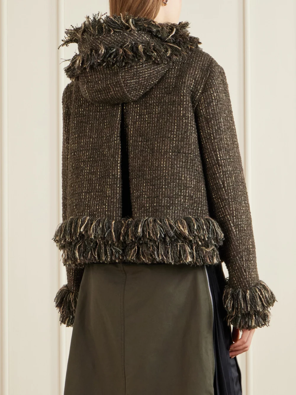 Back view of the Sacai Wool-blend Frayed Tweed Zip-up Jacket