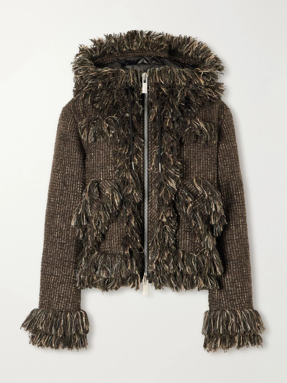 Sacai Wool-blend Frayed Tweed Zip-up Jacket in brown