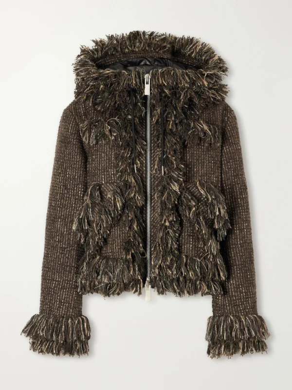 Sacai Wool-blend Frayed Tweed Zip-up Jacket