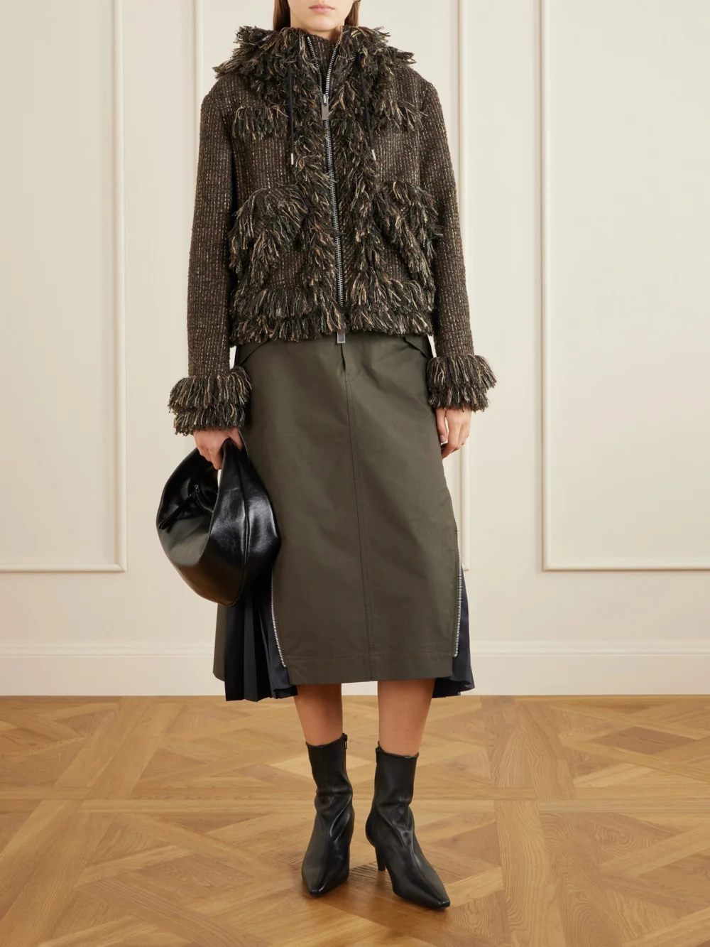 Sacai Wool-blend Frayed Tweed Zip-up Jacket, worn by a model
