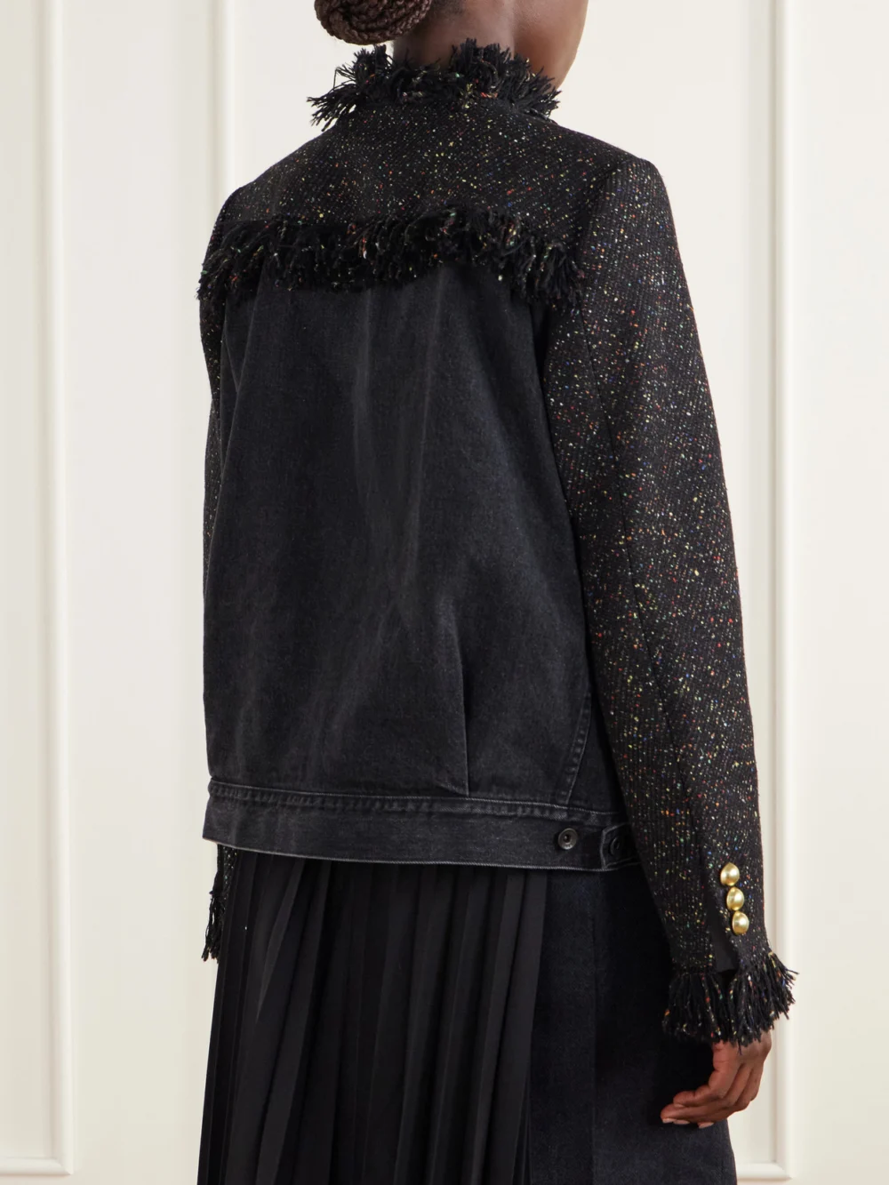 Back view of the Sacai Wool-blend Tweed Bouclé and Denim Jacket