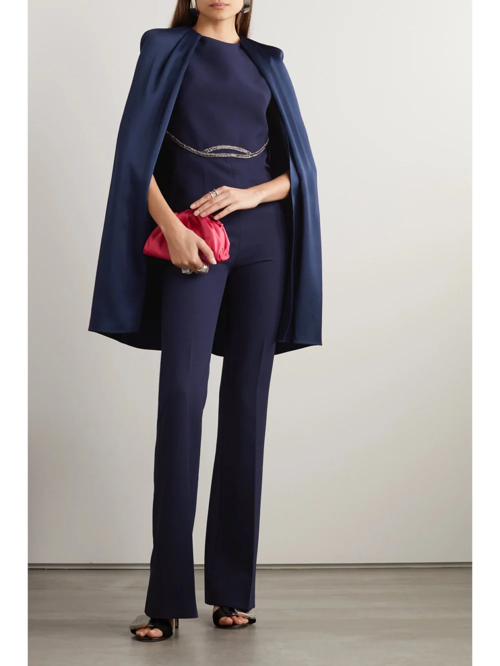 Safiyaa Aisling Embellished Stretch-cady and Satin Jumpsuit, worn by a model