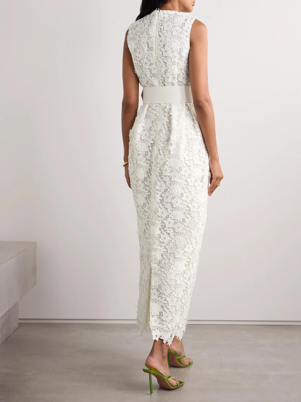 Back view of the Safiyaa Alani Belted Pleated Guipure Lace Midi Dress