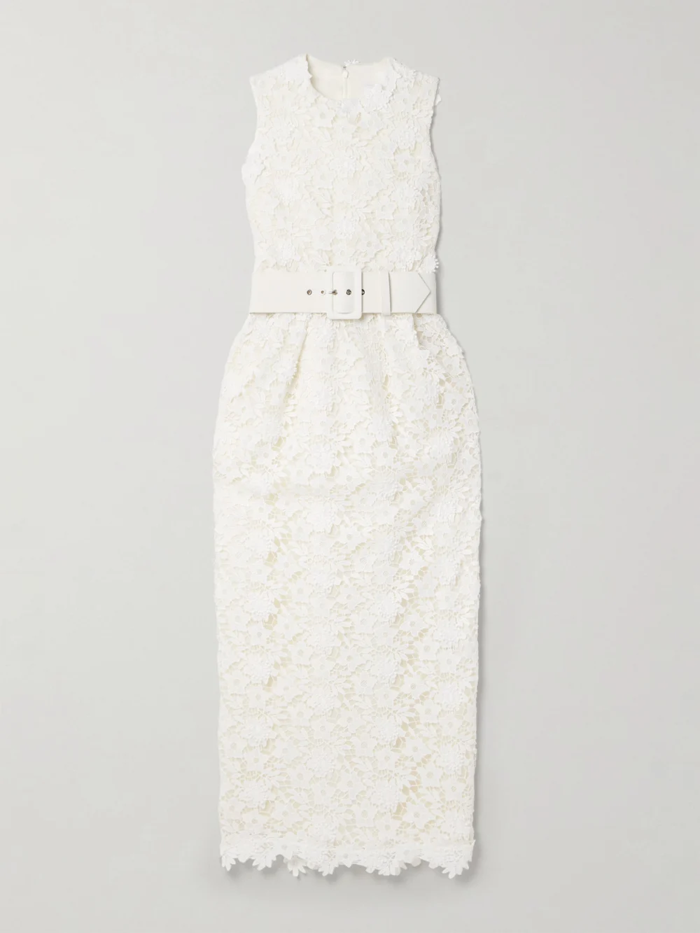 Safiyaa Alani Belted Pleated Guipure Lace Midi Dress in white