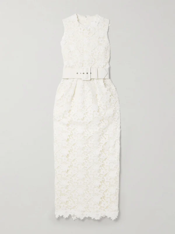 Safiyaa Alani Belted Pleated Guipure Lace Midi Dress