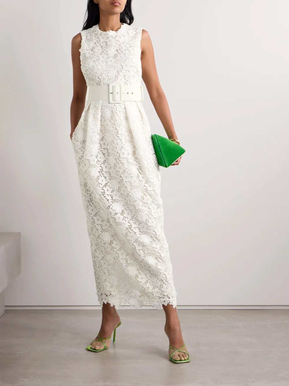 Safiyaa Alani Belted Pleated Guipure Lace Midi Dress, worn by a model