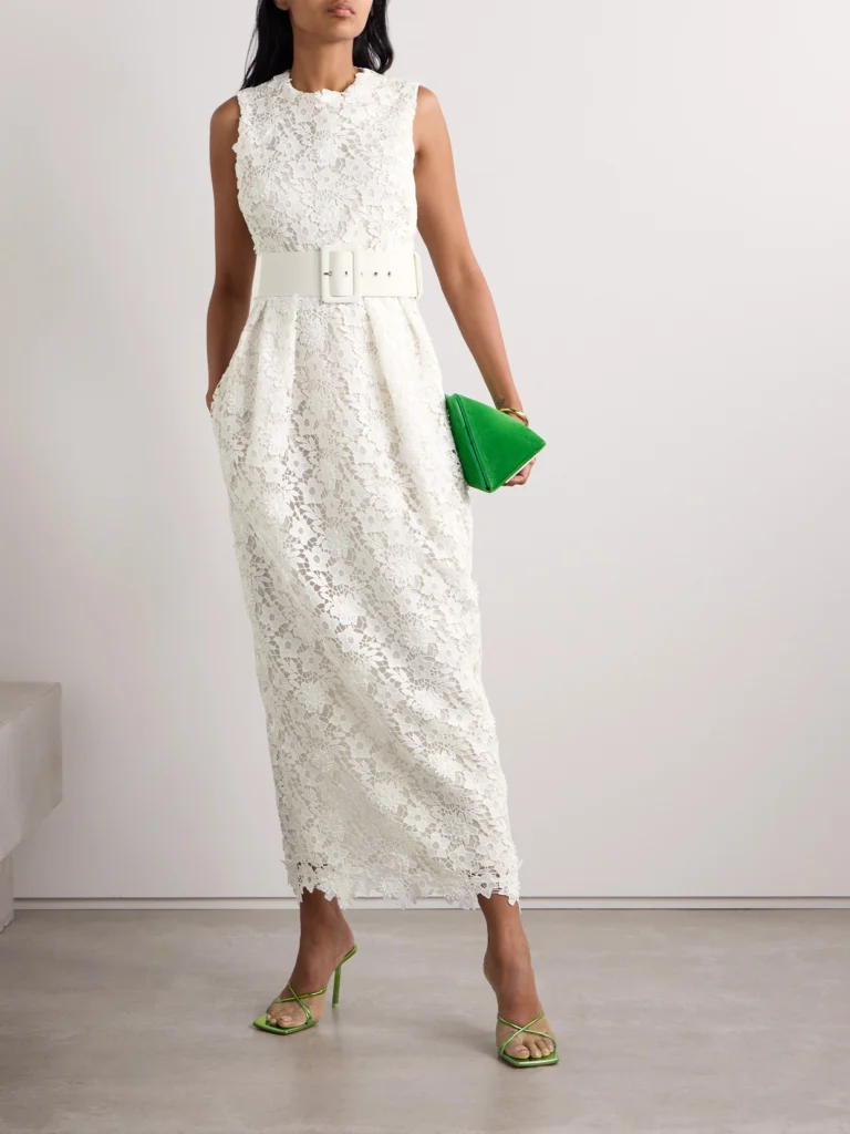 Safiyaa Alani Belted Pleated Guipure Lace Midi Dress