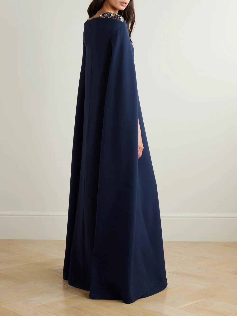 Back view of the Safiyaa Aleyna Cape-effect Embellished Tulle-trimmed Crepe Gown