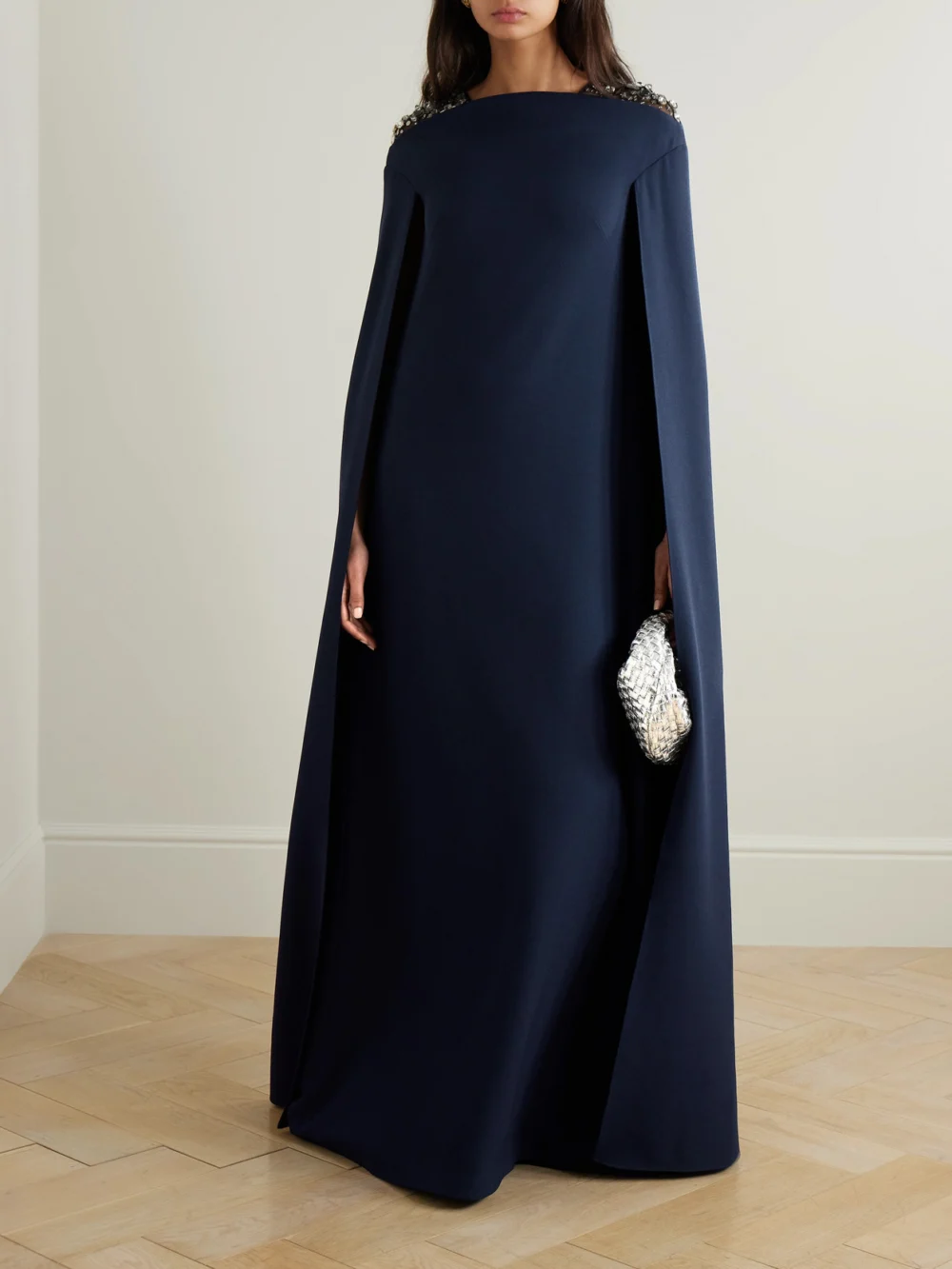 Safiyaa Aleyna Cape-effect Embellished Tulle-trimmed Crepe Gown, worn by a model