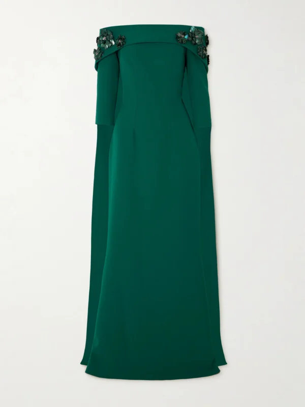 Safiyaa Bellara Off-the-shoulder Cape-effect Embellished Stretch-crepe Gown