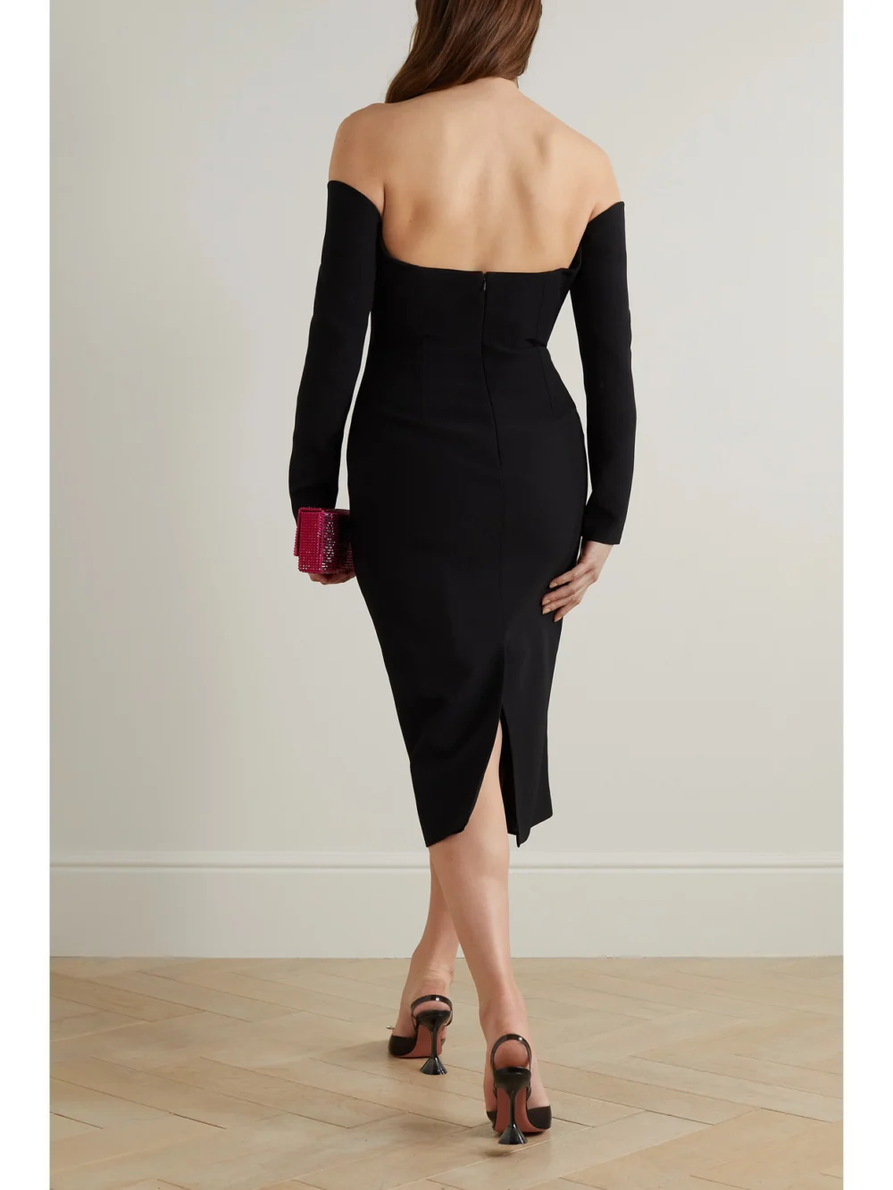Back view of the Safiyaa Bessy Off-the-shoulder Embellished Stretch-crepe Midi Dress