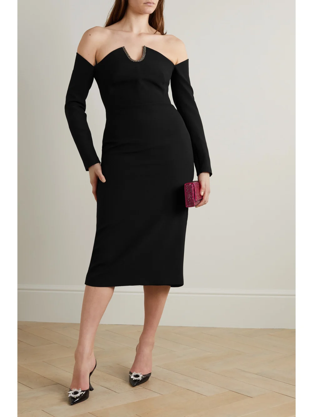 Safiyaa Bessy Off-the-shoulder Embellished Stretch-crepe Midi Dress, worn by a model