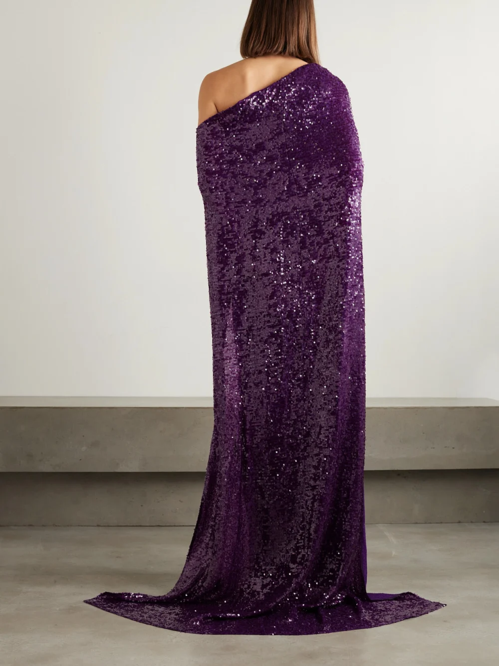 Back view of the Safiyaa Cadenza Cape-effect Sequined Georgette and Stretch-crepe Gown