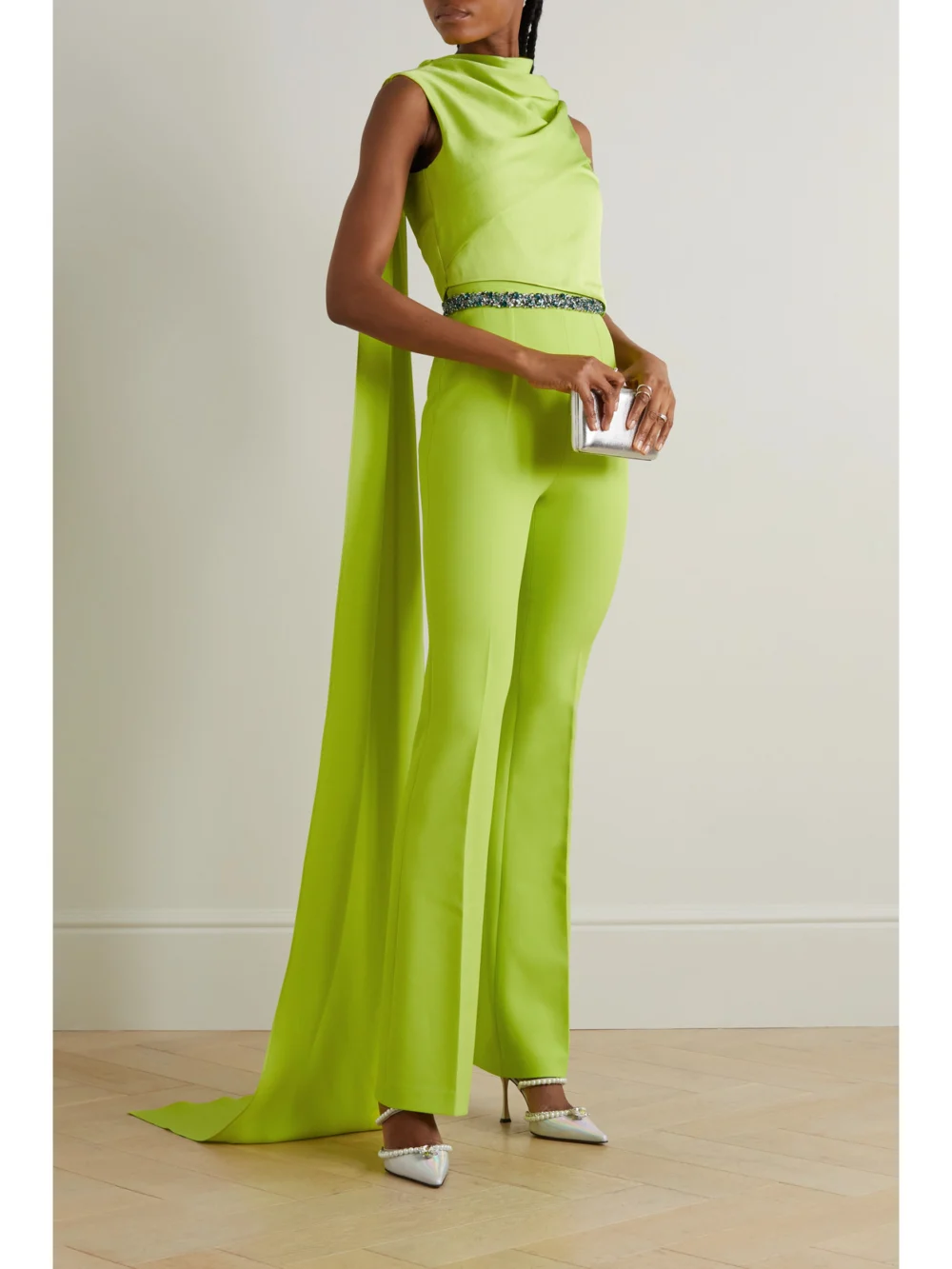 Safiyaa Cara Draped Satin and Crepe Jumpsuit, worn by a model