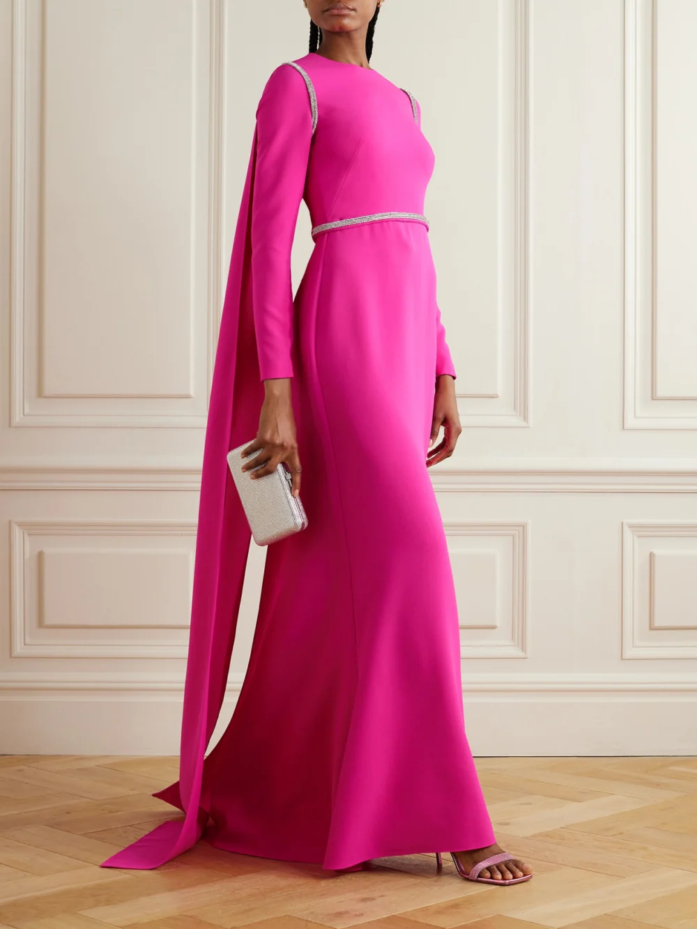 Safiyaa Ginevra Cape-effect Crystal-embellished Stretch-crepe Gown, worn by a model