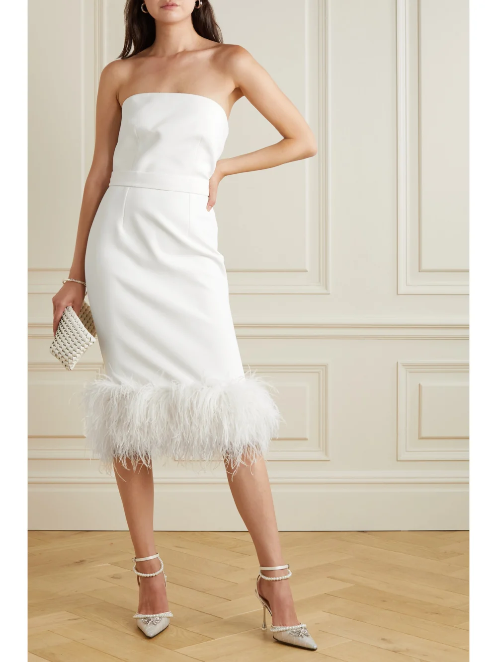 Safiyaa Goya Strapless Feather-trimmed Crepe Midi Dress, worn by a model