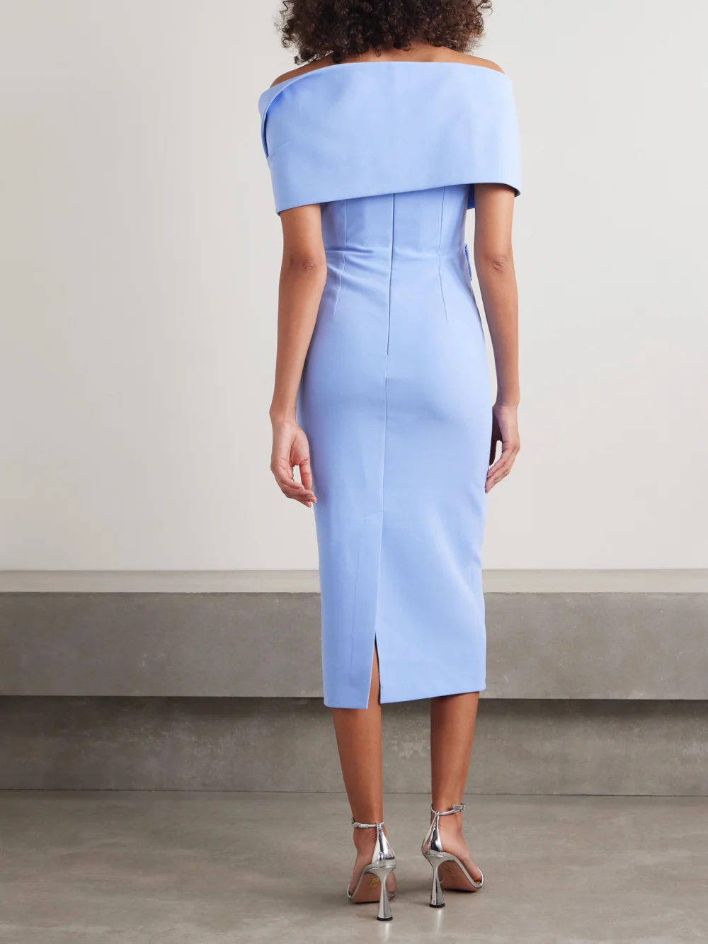 Back view of the Safiyaa Iana Off-the-shoulder Draped Crepe Midi Dress