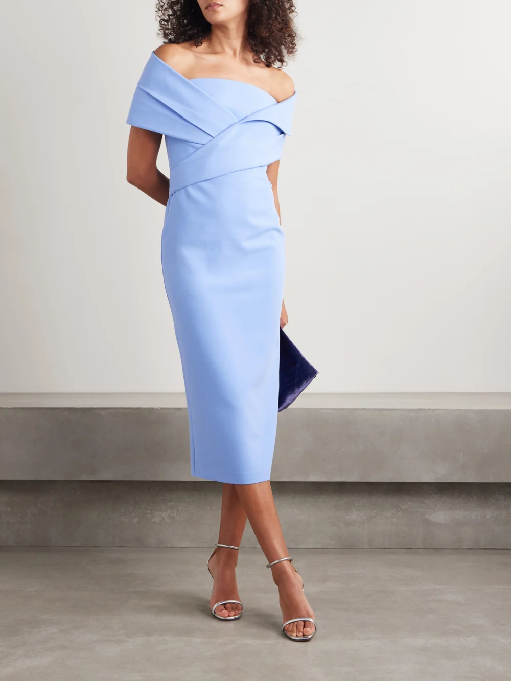 Safiyaa Iana Off-the-shoulder Draped Crepe Midi Dress, worn by a model