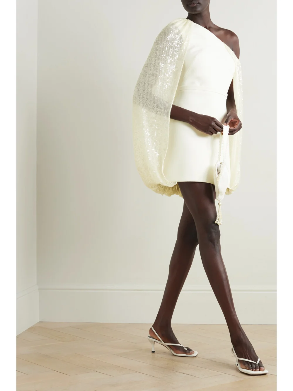 Safiyaa Janie One-shoulder Crepe and Sequined Tulle Mini Dress, worn by a model