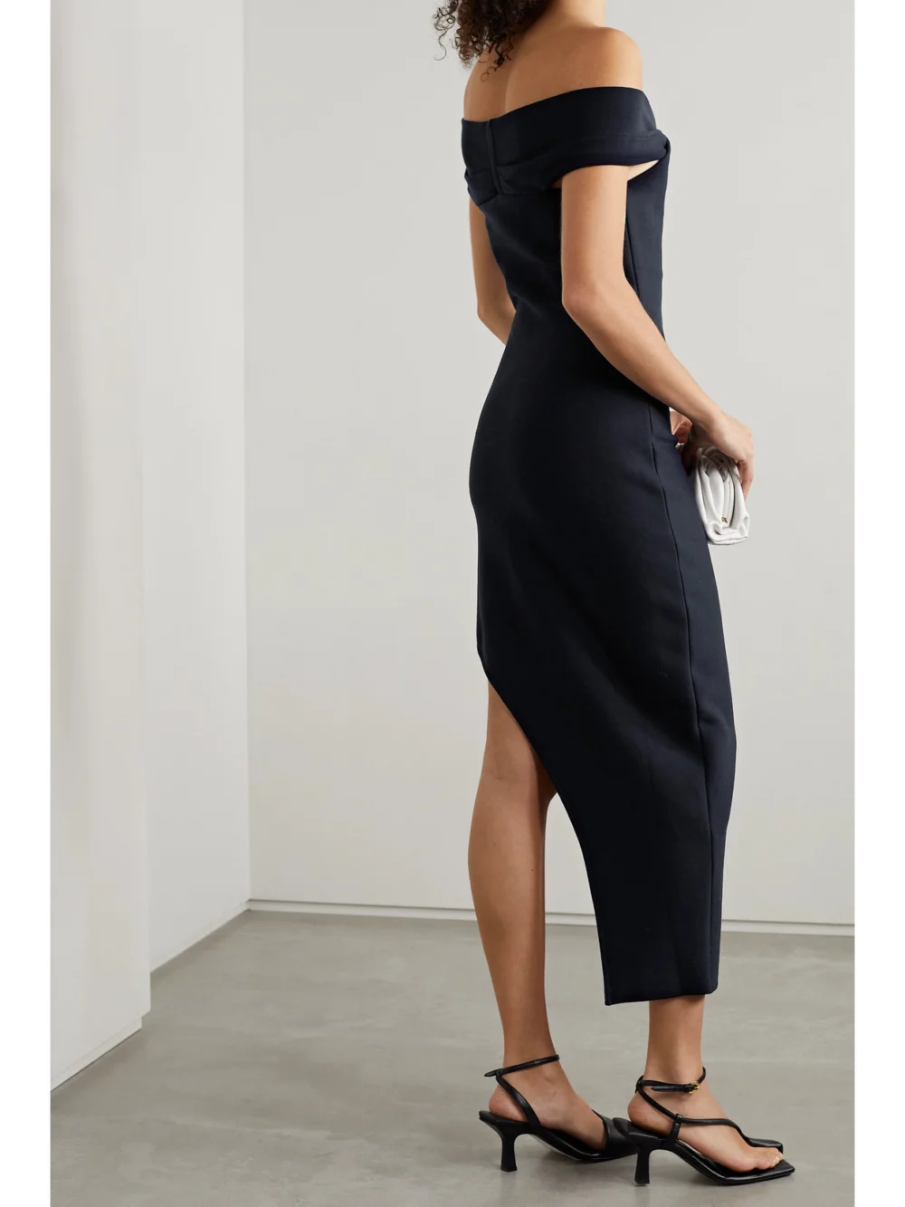 Back view of the Safiyaa Nouvia Asymmetric Off-the-shoulder Stretch-ponte Midi Dress
