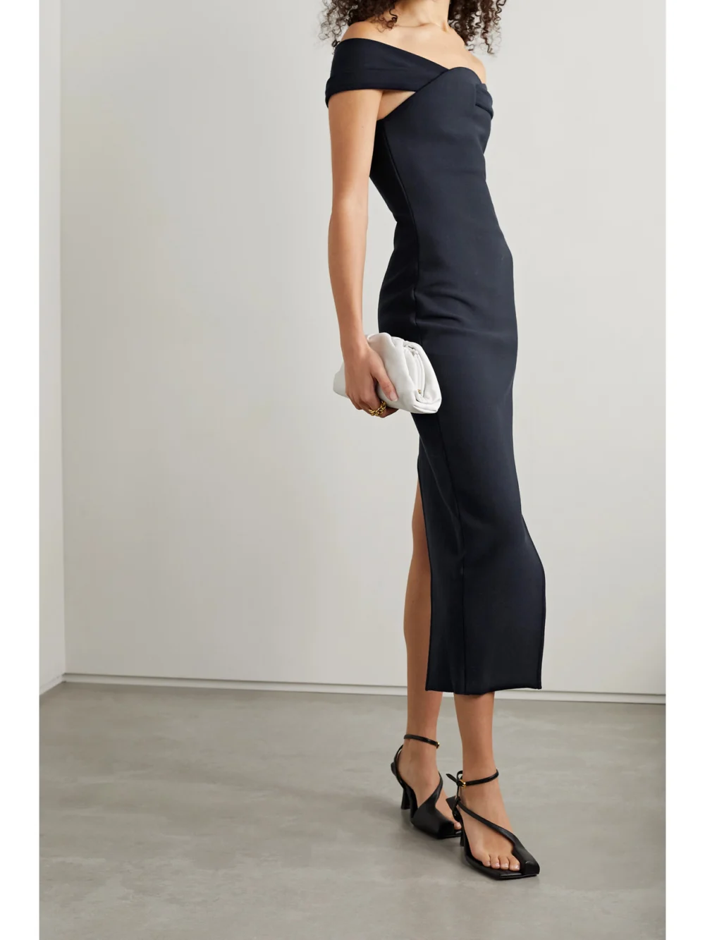 Safiyaa Nouvia Asymmetric Off-the-shoulder Stretch-ponte Midi Dress, worn by a model
