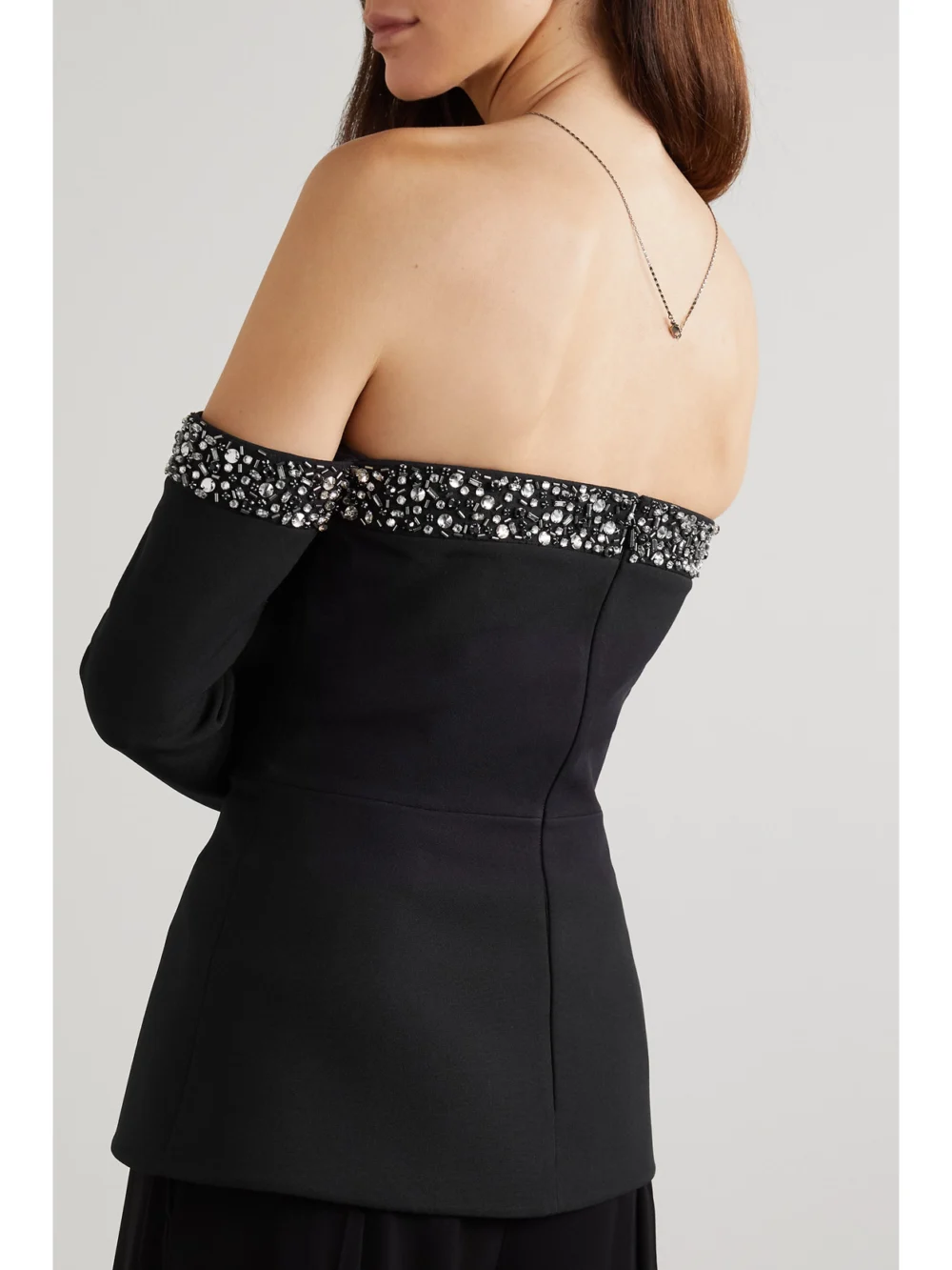 Back view of the Safiyaa Roisin Off-the-shoulder Cutout Embellished Crepe Top