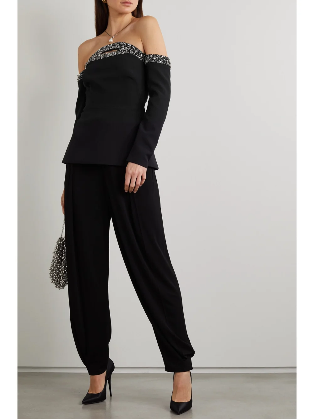 Safiyaa Roisin Off-the-shoulder Cutout Embellished Crepe Top, worn by a model