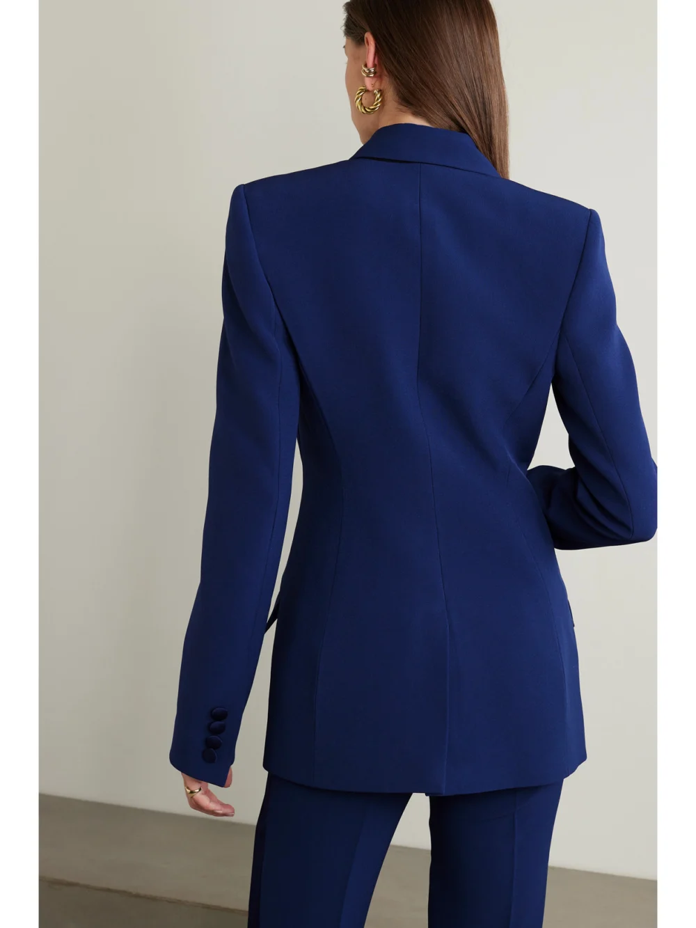 Back view of the Safiyaa Wynnie Double-breasted Satin-trimmed Stretch-crepe Blazer