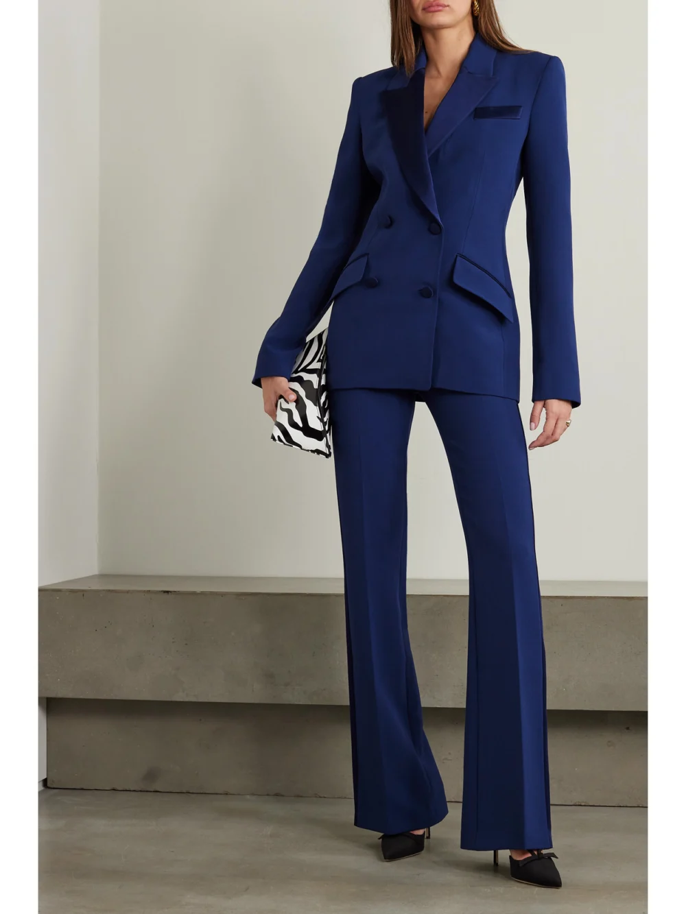 Safiyaa Wynnie Double-breasted Satin-trimmed Stretch-crepe Blazer, worn by a model