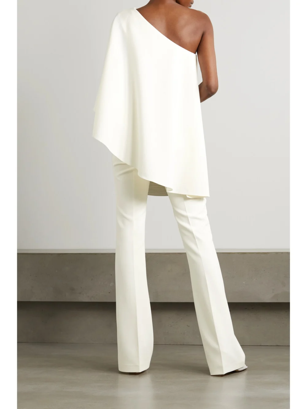 Back view of the Safiyaa Zephyra One-shoulder Cape-effect Crepe Jumpsuit