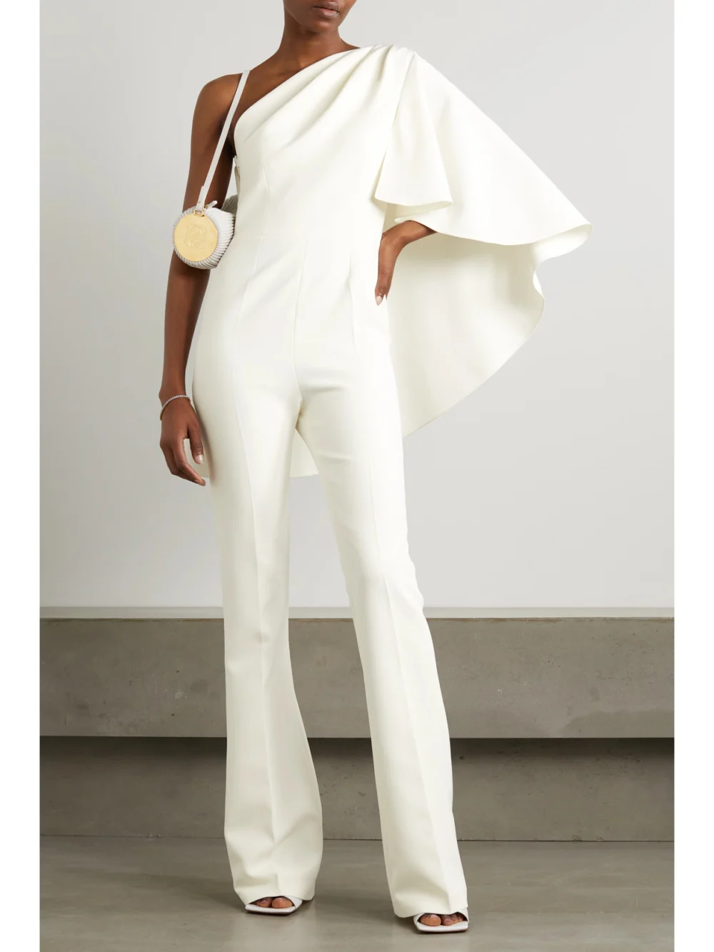 Safiyaa Zephyra One-shoulder Cape-effect Crepe Jumpsuit, worn by a model