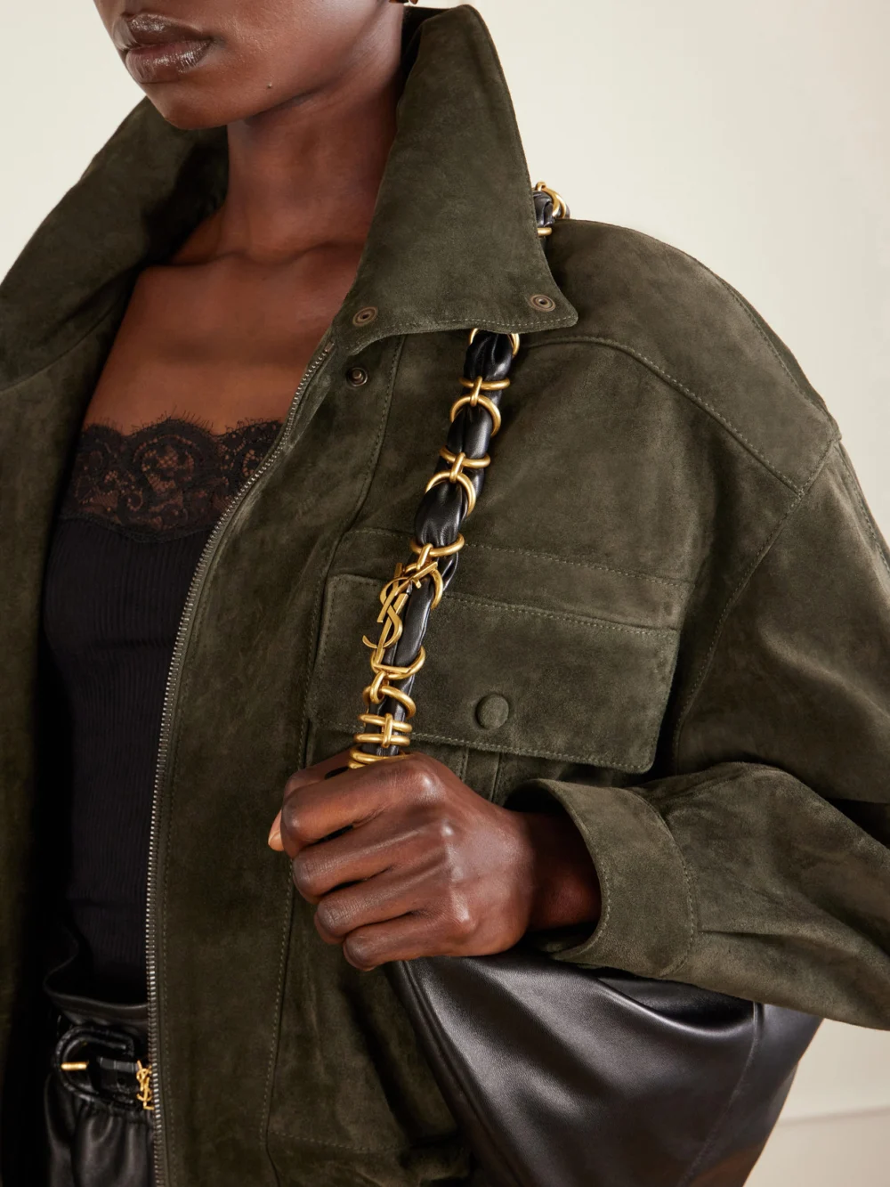 Saint Laurent Amalia Leather Shoulder Bag, styled view