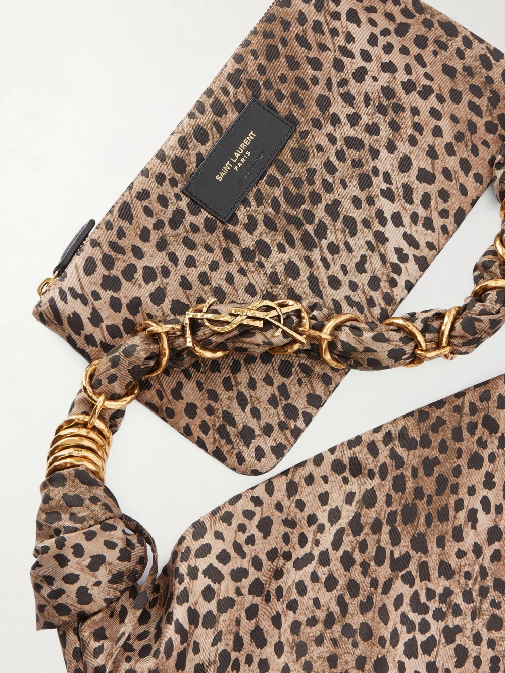 Close-up detail of the Saint Laurent Amalia Medium Leopard-print Silk-satin Tote