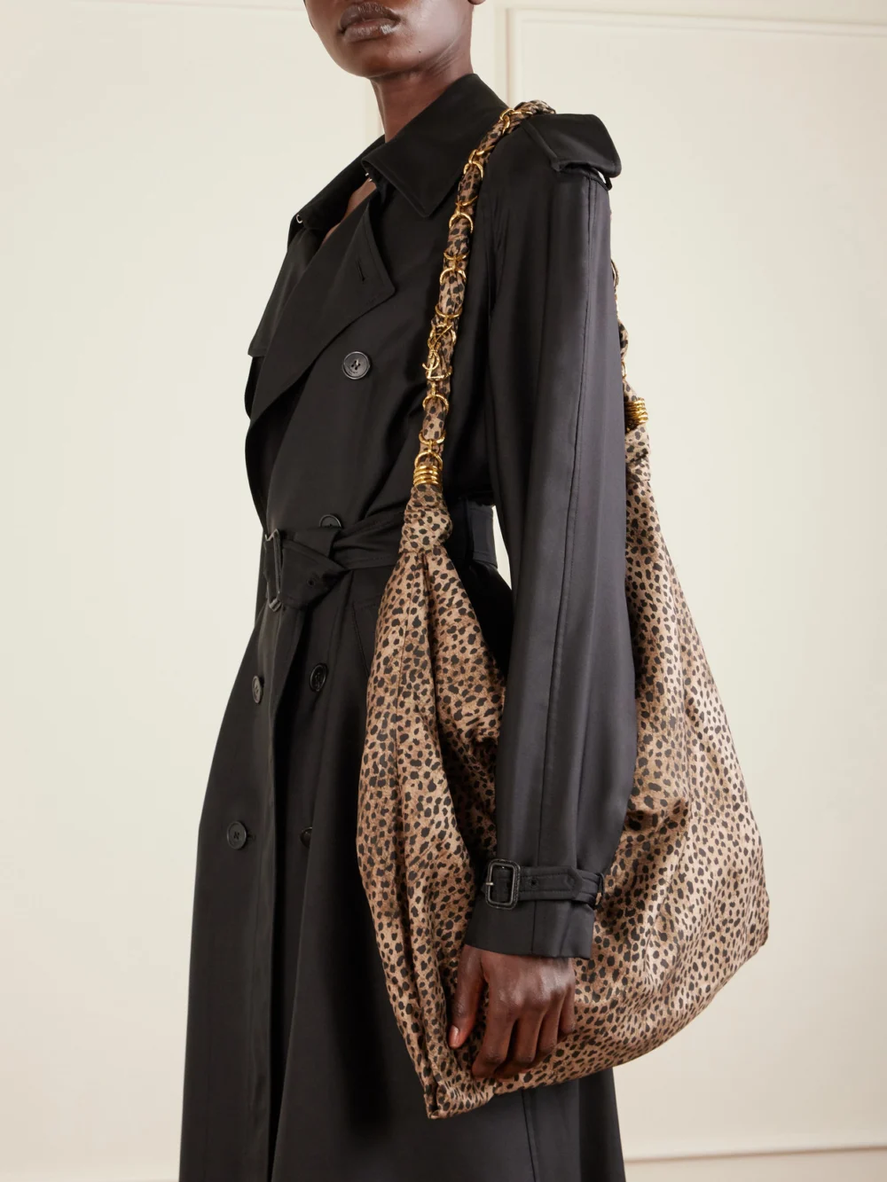 Saint Laurent Amalia Medium Leopard-print Silk-satin Tote, styled view