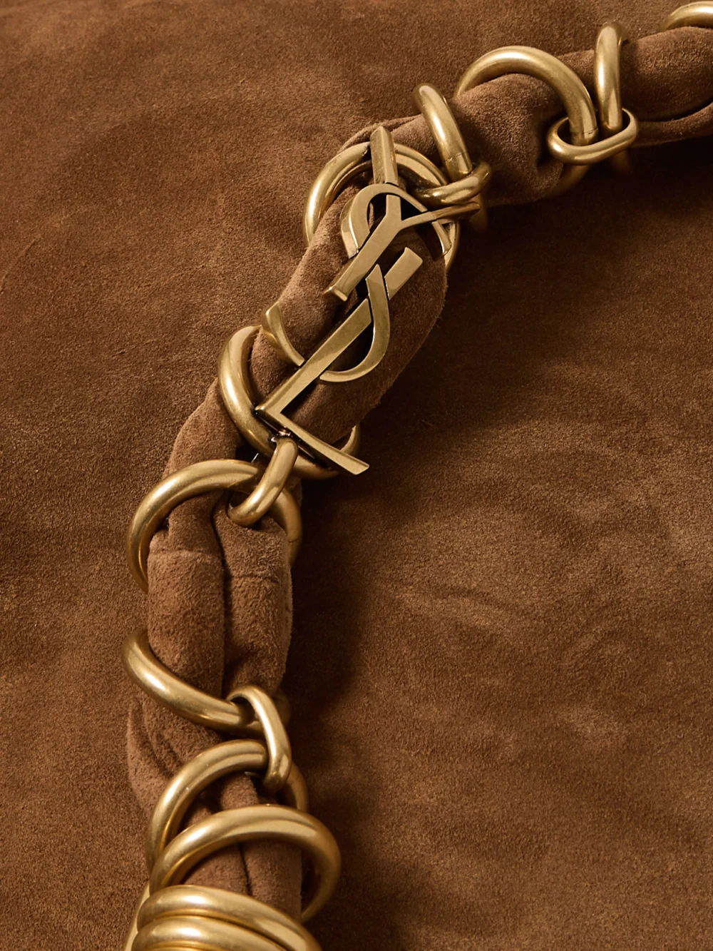 Close-up detail of the Saint Laurent Amalia Medium Suede Tote