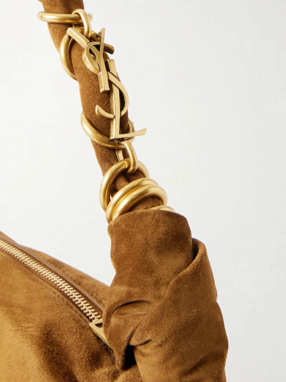 Close-up detail of the Saint Laurent Amalia Mini Suede Shoulder Bag