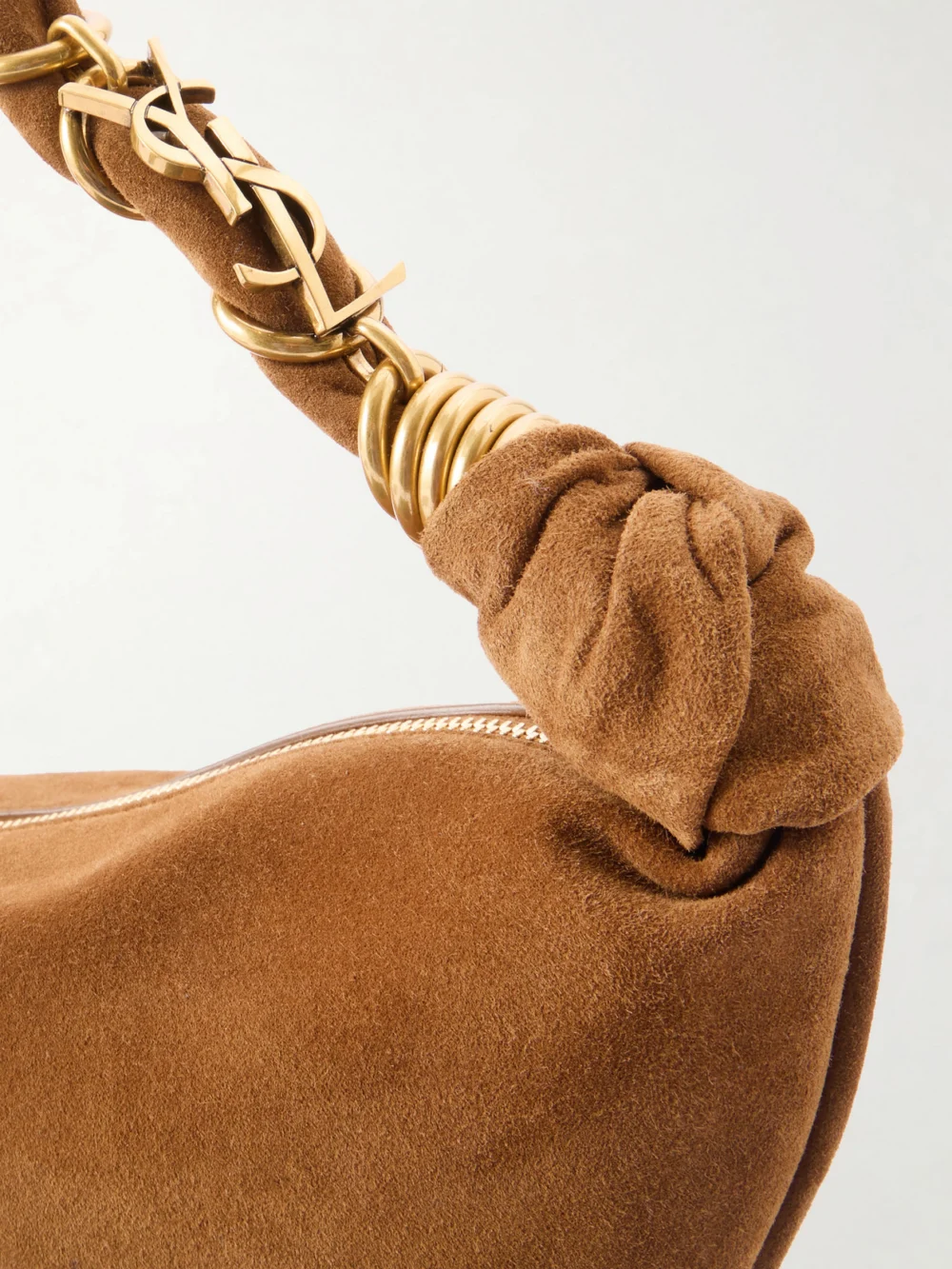 Close-up detail of the Saint Laurent Amalia Small Suede Shoulder Bag
