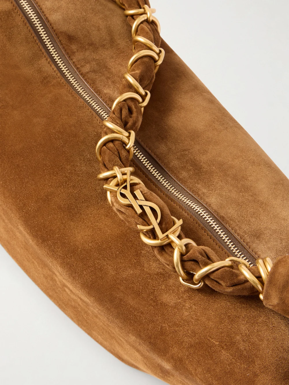 Close-up detail of the Saint Laurent Amalia Suede Shoulder Bag