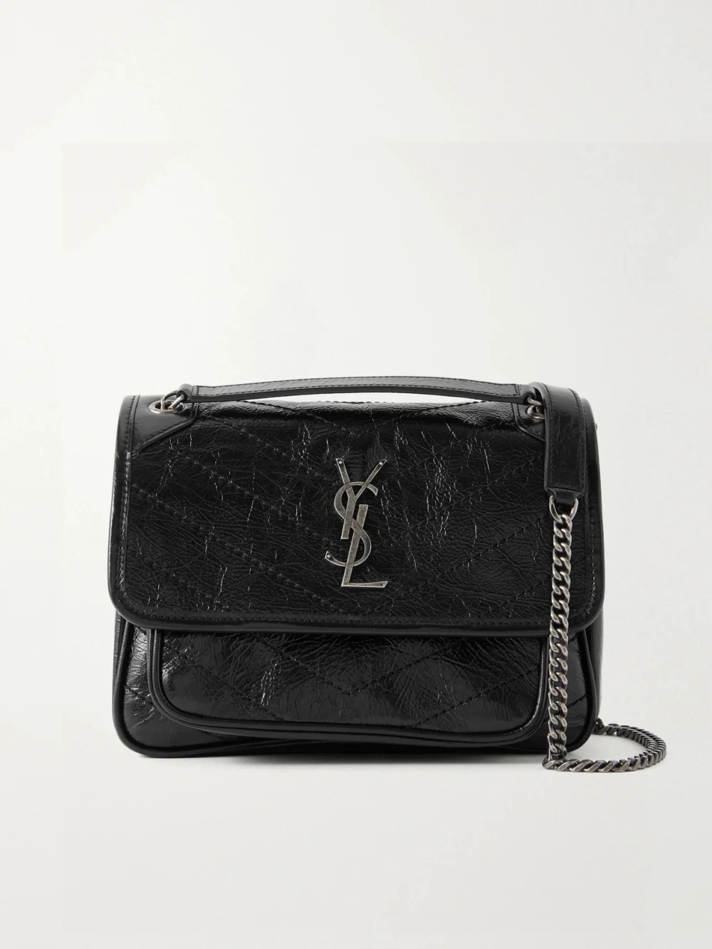 Saint Laurent Baby Niki Cassandre-embellished Quilted Crinckled-leather Shoulder Bag in black