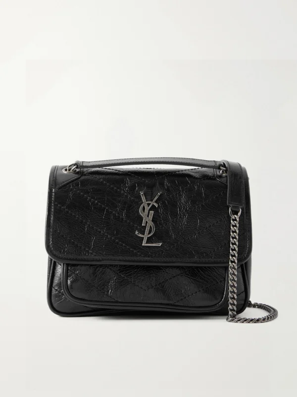 Saint Laurent Baby Niki Cassandre-embellished Quilted Crinckled-leather Shoulder Bag