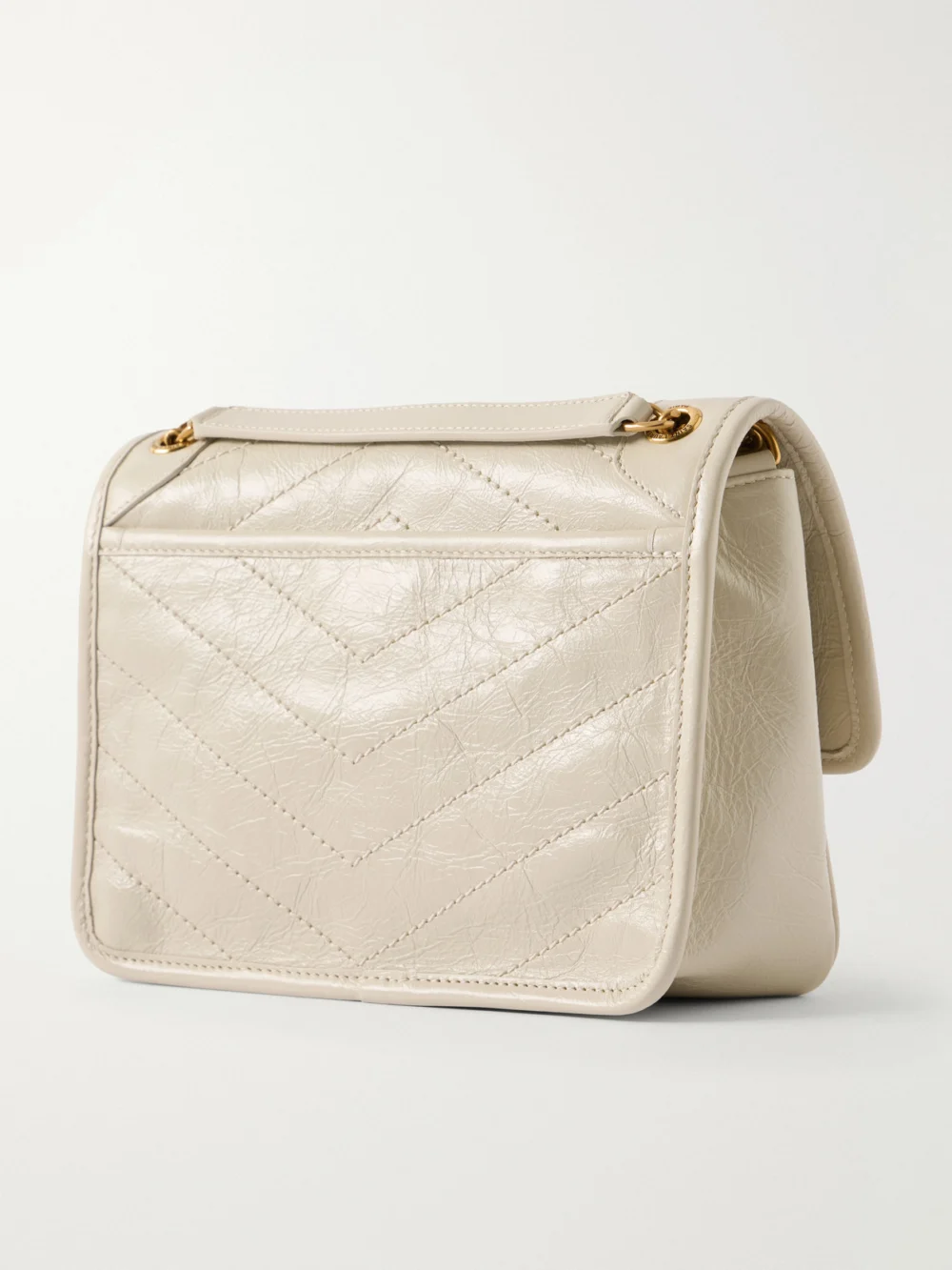 Back view of the Saint Laurent Baby Niki Cassandre-embellished Quilted Crinckled-leather Shoulder Bag